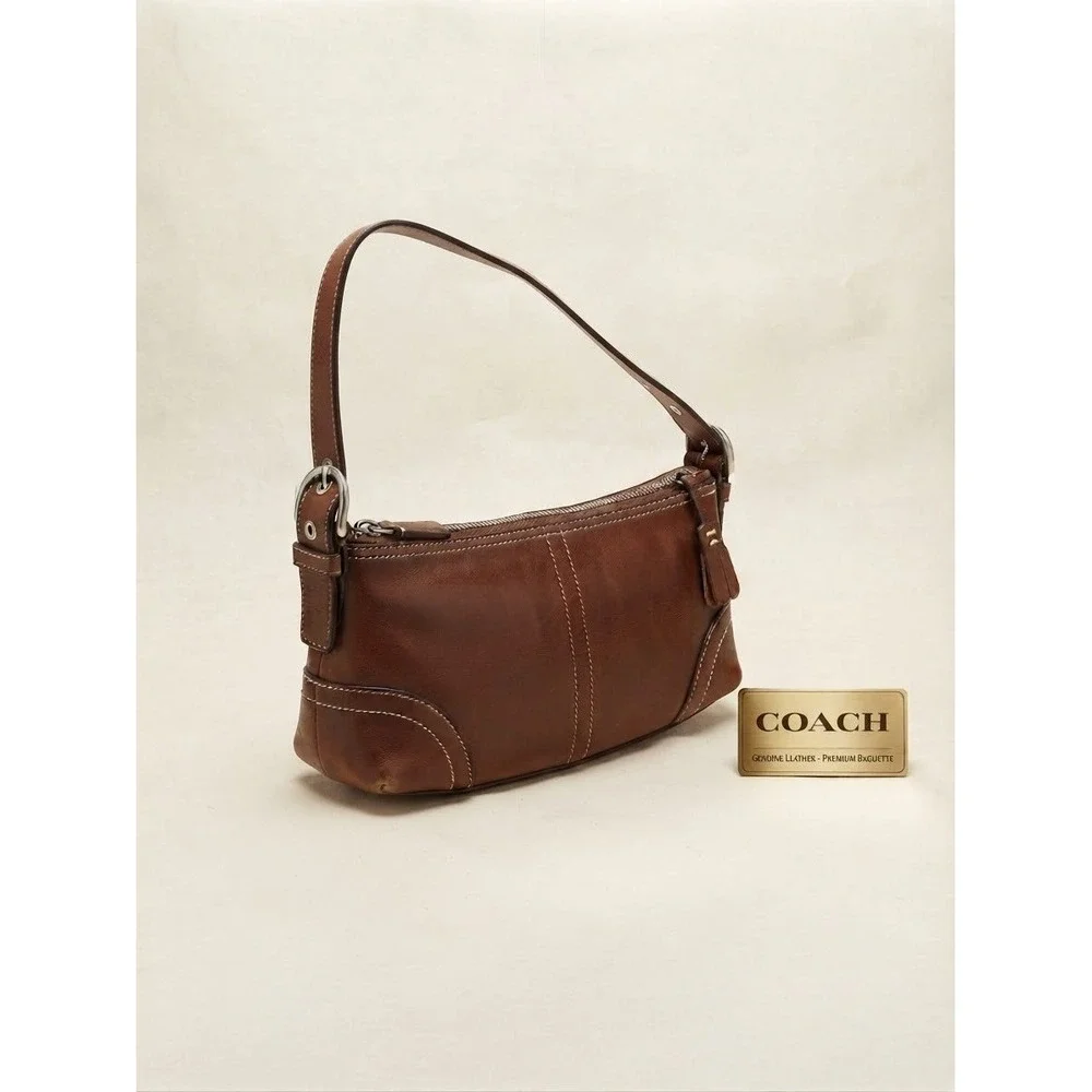 Coach Hampton Demi Baguette East West Brown Leather Vintage Premium Shoulder Bag